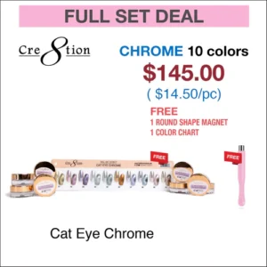 Cre8tion Cat Eye Chrome Nail Art 1g - Full Set 10 colors w/ 1 Round Shape Magnet & 1 Color Chart