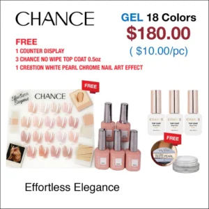 Chance Effortless Elegance Collection 0.5oz - 18 Colors w/ 1 Counter Display, 3 Chance No Wipe Top Coat 0.5oz & 1 Cre8tion White Pearl Chrome