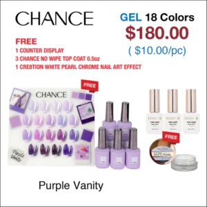 Chance Purple Vanity Collection 0.5oz - 18 Colors w/ 1 Counter Display, 3 Chance No Wipe Top Coat 0.5oz & 1 Cre8tion White Pearl Chrome