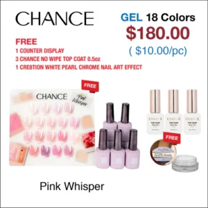 Chance Pink Whisper Collection 0.5oz - 18 Colors w/ 1 Counter Display, 3 Chance No Wipe Top Coat 0.5oz & 1 Cre8tion White Pearl Chrome