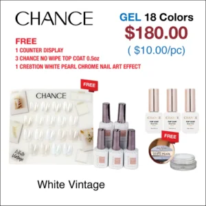 Chance White Vintage Collection 0.5oz - 18 Colors w/ 1 Counter Display, 3 Chance No Wipe Top Coat 0.5oz & 1 Cre8tion White Pearl Chrome