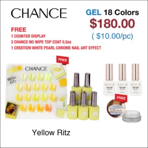 Chance Yellow Ritz Collection 0.5oz - 18 Colors w/ 1 Counter Display, 3 Chance No Wipe Top Coat 0.5oz & 1 Cre8tion White Pearl Chrome Cre8tion SKU: 38019