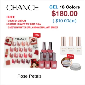 Chance Rose Petals Collection 0.5oz - 18 Colors w/ 1 Counter Display, 3 Chance No Wipe Top Coat 0.5oz & 1 Cre8tion White Pearl Chrome