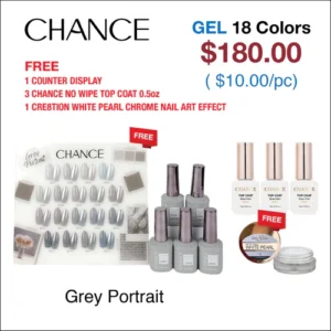 Chance Grey Portrait Collection 0.5oz - 18 Colors w/ 1 Counter Display, 3 Chance No Wipe Top Coat 0.5oz & 1 Cre8tion White Pearl Chrome