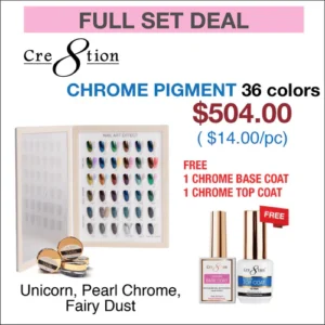 Cre8tion Chrome Nail Art Effect 1g - 36 Colors (Unicorn, Pearl Chrome, Fairy Dust) w/ 1 Chrome Base & 1 Chrome Top 0.5oz