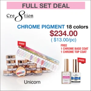 Cre8tion Unicorn Nail Art Effect 1g - Full set 18 colors w/ 1 Chrome Base & 1 Chrome Top 0.5oz Cre8tion