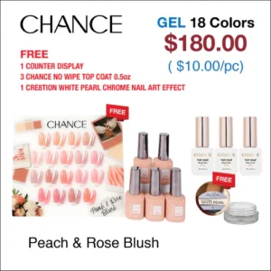 Chance Peach & Rose Blush Collection 0.5oz - 18 Colors w/ 1 Counter Display, 3 Chance No Wipe Top Coat 0.5oz & 1 Cre8tion White Pearl Chrome