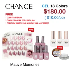Chance Mauve Memories Collection 0.5oz - 18 Colors w/ 1 Counter Display, 3 Chance No Wipe Top Coat 0.5oz & 1 Cre8tion White Pearl Chrome