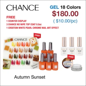 Chance Autumn Sunset Collection 0.5oz - 18 Colors w/ 1 Counter Display, 3 Chance No Wipe Top Coat 0.5oz & 1 Cre8tion White Pearl Chrome