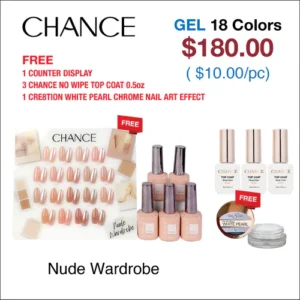 Chance Nude Wardrobe Collection 0.5oz - 18 Colors w/ 1 Counter Display, 3 Chance No Wipe Top Coat 0.5oz & 1 Cre8tion White Pearl Chrome