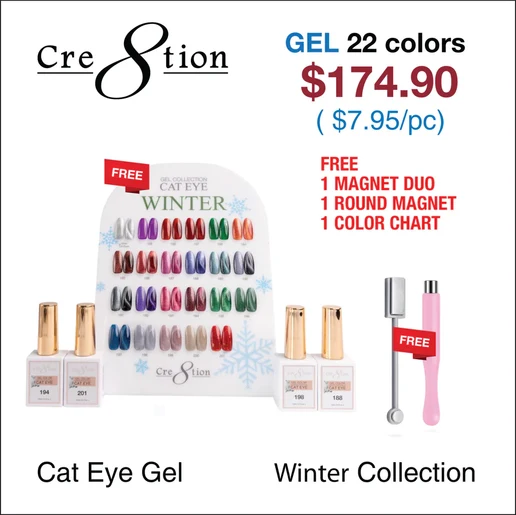 Cre8tion Cat Eye Gel 0.5oz - Winter Collection - 22 colors w/ 1 Round Shape Magnet, 1 Magnet Duo & 1 Color Chart