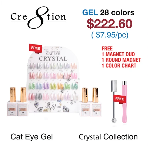 Cre8tion Cat Eye Gel 0.5oz - Crystal Collection - 28 colors w/ 1 Round Shape Magnet, 1 Magnet Duo & 1 Color Chart
